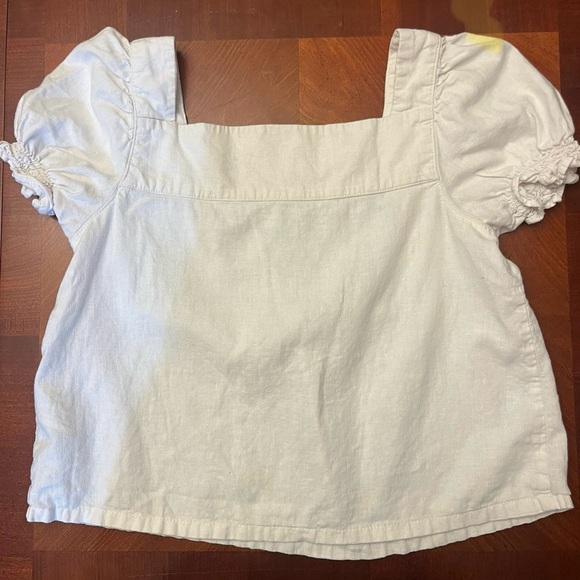 OSHKOSH Girl’s Cream Top Linen Puff Sleeve Smocked Large - Picture 2 of 5